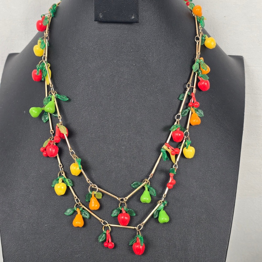 Vintage Fruit Charm Necklace Multi Strand Lucite/Plastic Apple Pear Cherry Brass